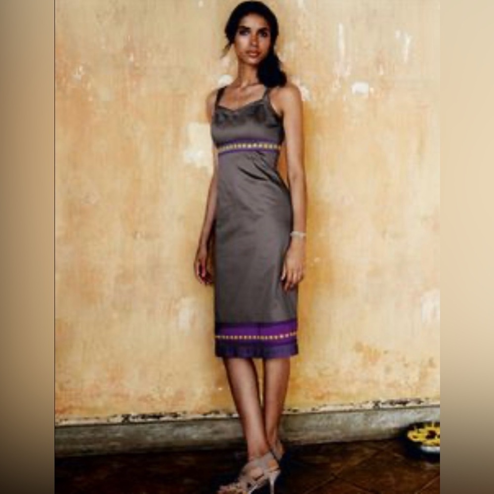 BODEN Purple Green Ribbon Apron Sheath Midi Dress Date Night Size 8‎ 8L Long